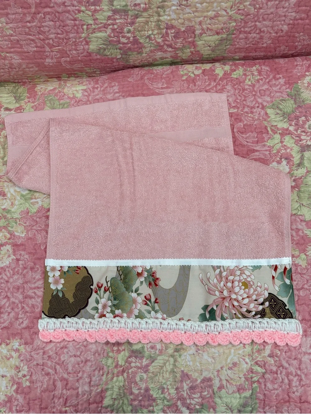 Pink Decorative Kitchen Towel with Floral Trim